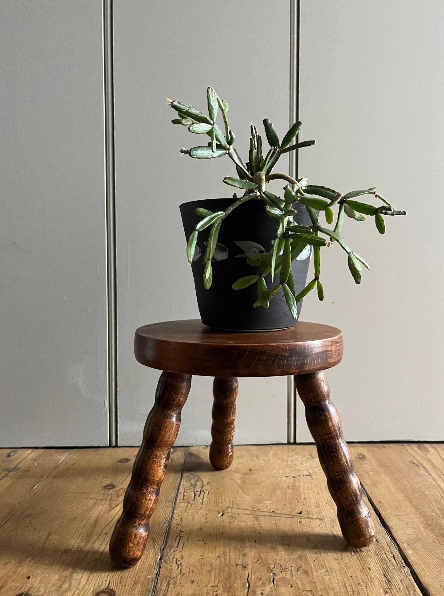 Bobbin stool with plant on top